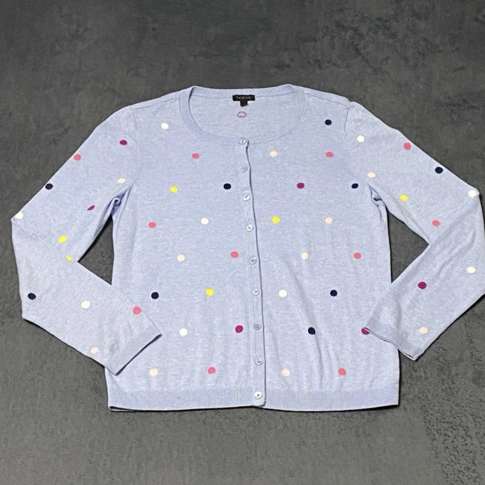 Talbots Cardigan Sweater Womens S Blue Colorful Polka Dot Button Front Coquette